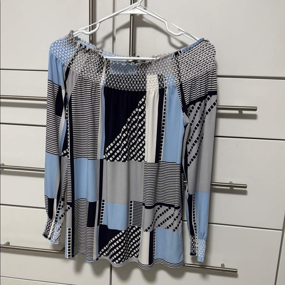 Stylish Women's Geometric Print Off The Shoulder Blouse - Blue and Black